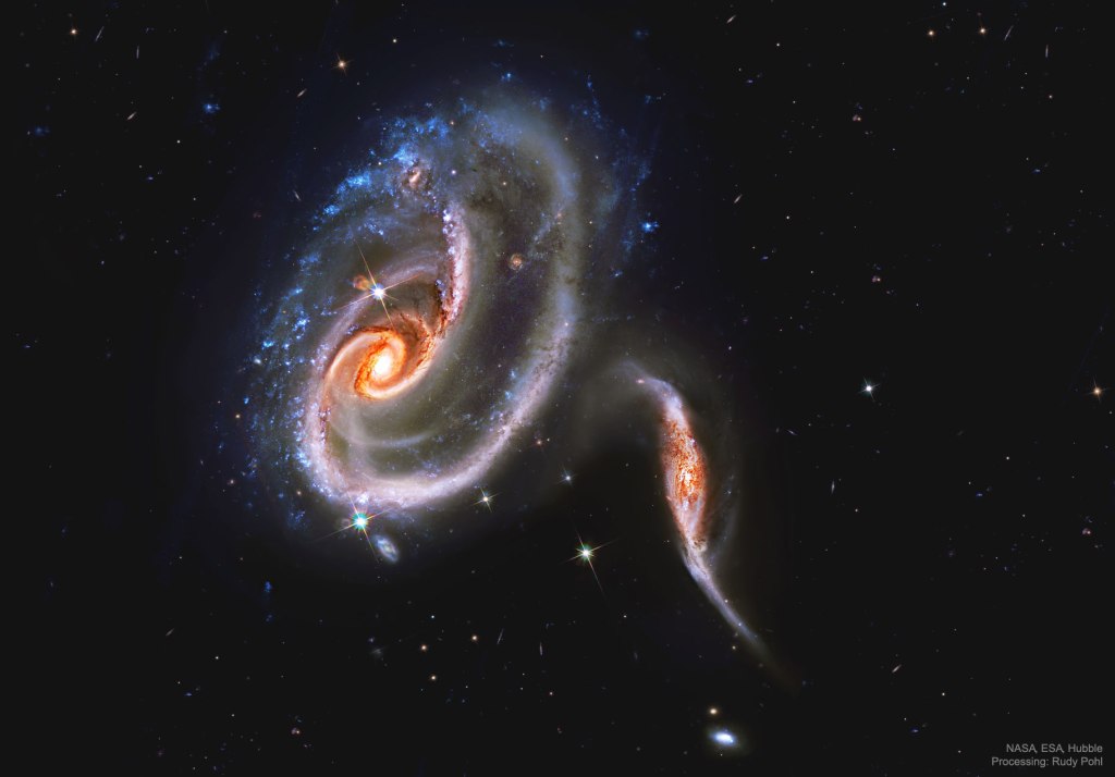 The interacting galaxies Arp 273 observed by the Hubble Space Telescope.